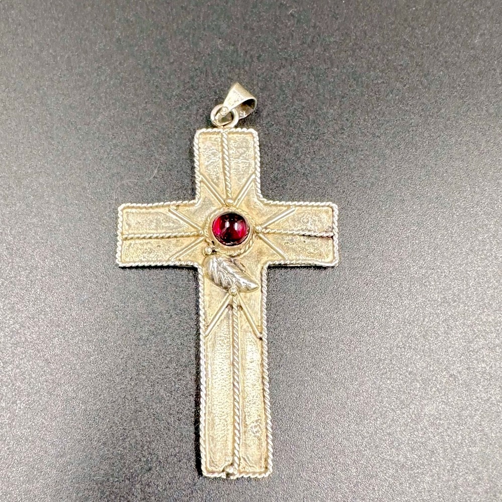 Vintage Handmade Primitive Sterling Silver and Garnet Cross